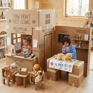 Best Rainy Day Activity! How To Make A Cardboard Stuffed Animal Vet Clinic For Pretend Play!