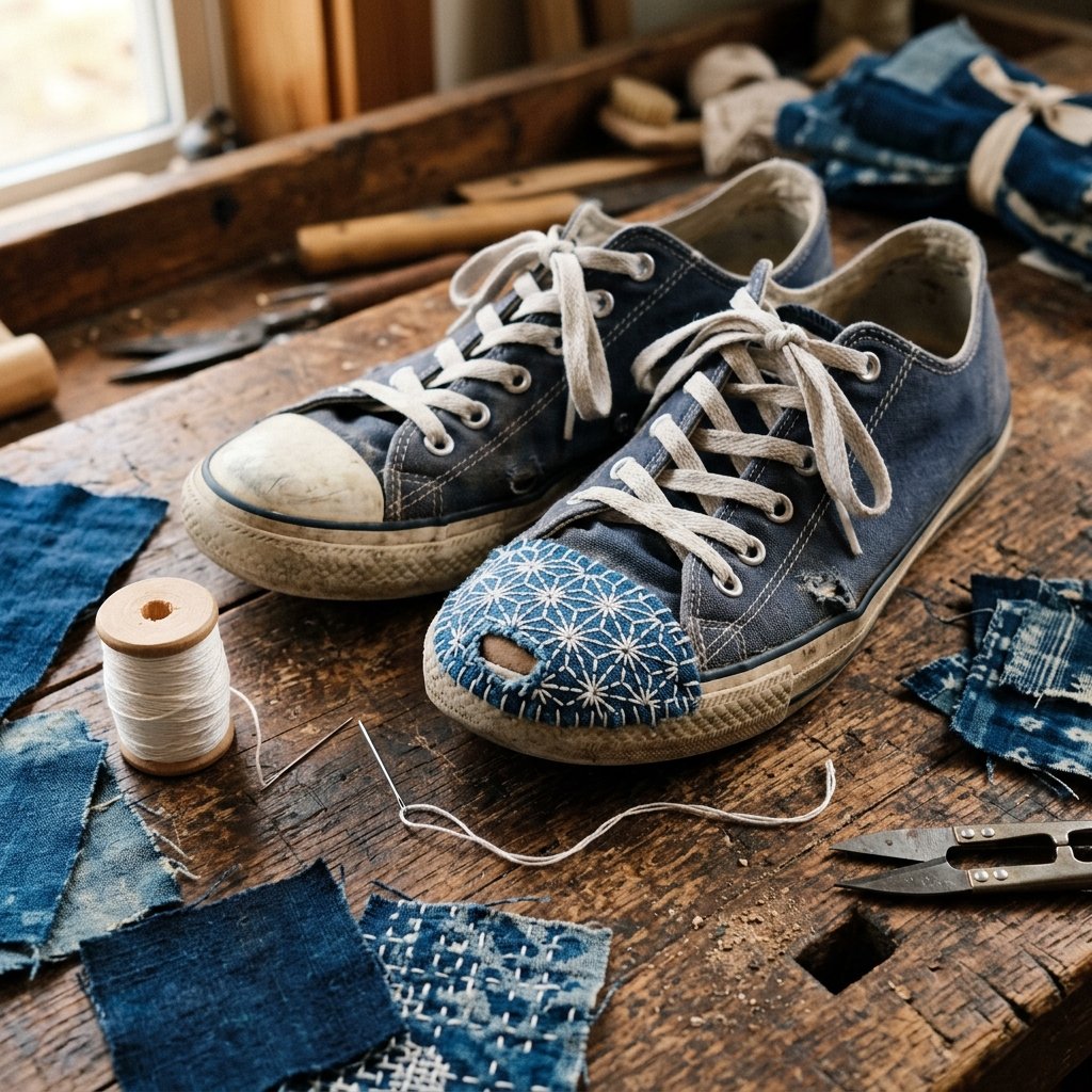 Give Your Old Sneakers a Cool Boho Look: How to Patch Canvas Shoes Using Sashiko!