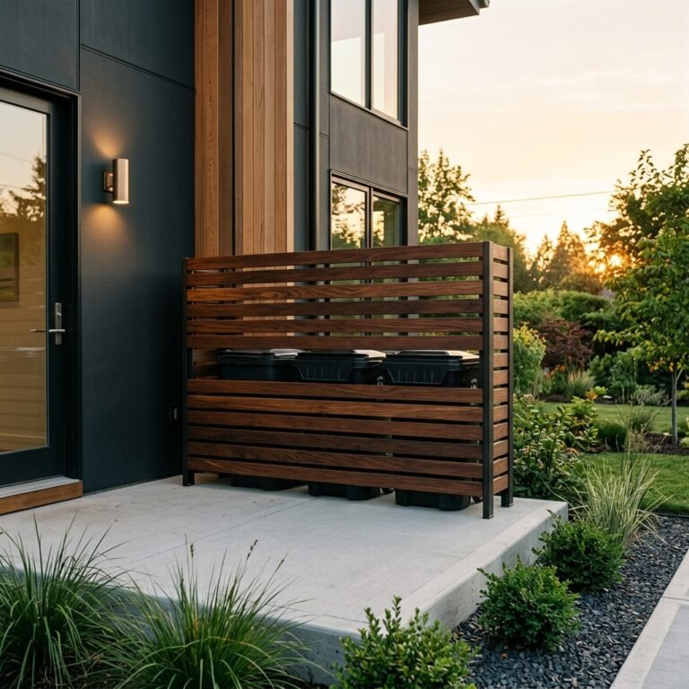 Hide Your Ugly Trash Cans! Easy DIY Modern Wood Slat Screen to Boost Your Front Porch Curb Appeal