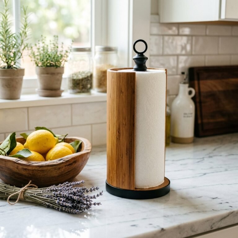 High-End Farmhouse Dupe: How to Make a DIY Dollar Tree Bamboo Paper Towel Holder Stand