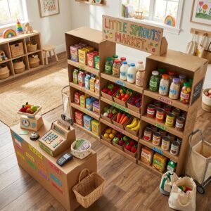 Keep Your Toddler Busy for Hours: DIY Cardboard Box Pretend Play Grocery Store Shelves for Zero Dollars