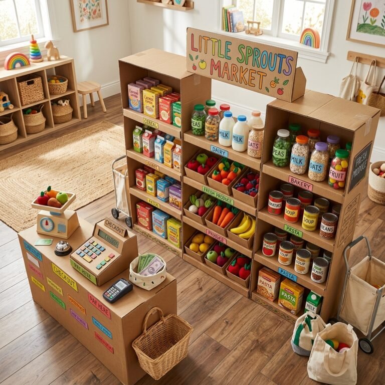 Keep Your Toddler Busy for Hours: DIY Cardboard Box Pretend Play Grocery Store Shelves for Zero Dollars