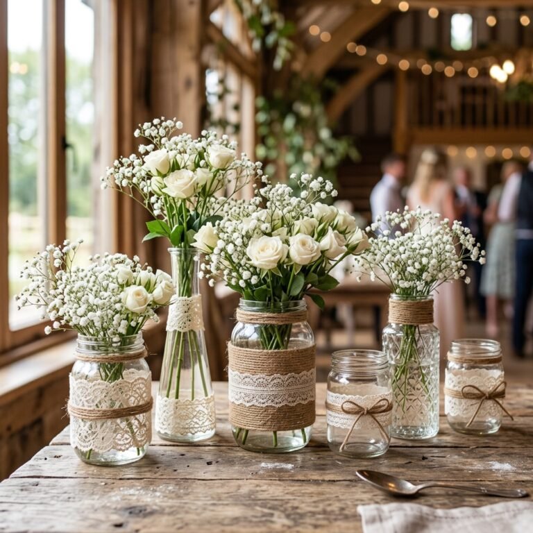 Simply Beautiful! DIY Glass Vase Centerpieces Wrapped in Lace and Twine