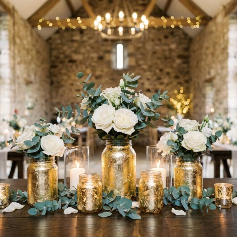 The Secret to Making Recycled Glass Jars Look Like Luxury Gold Leaf Wedding Centerpieces