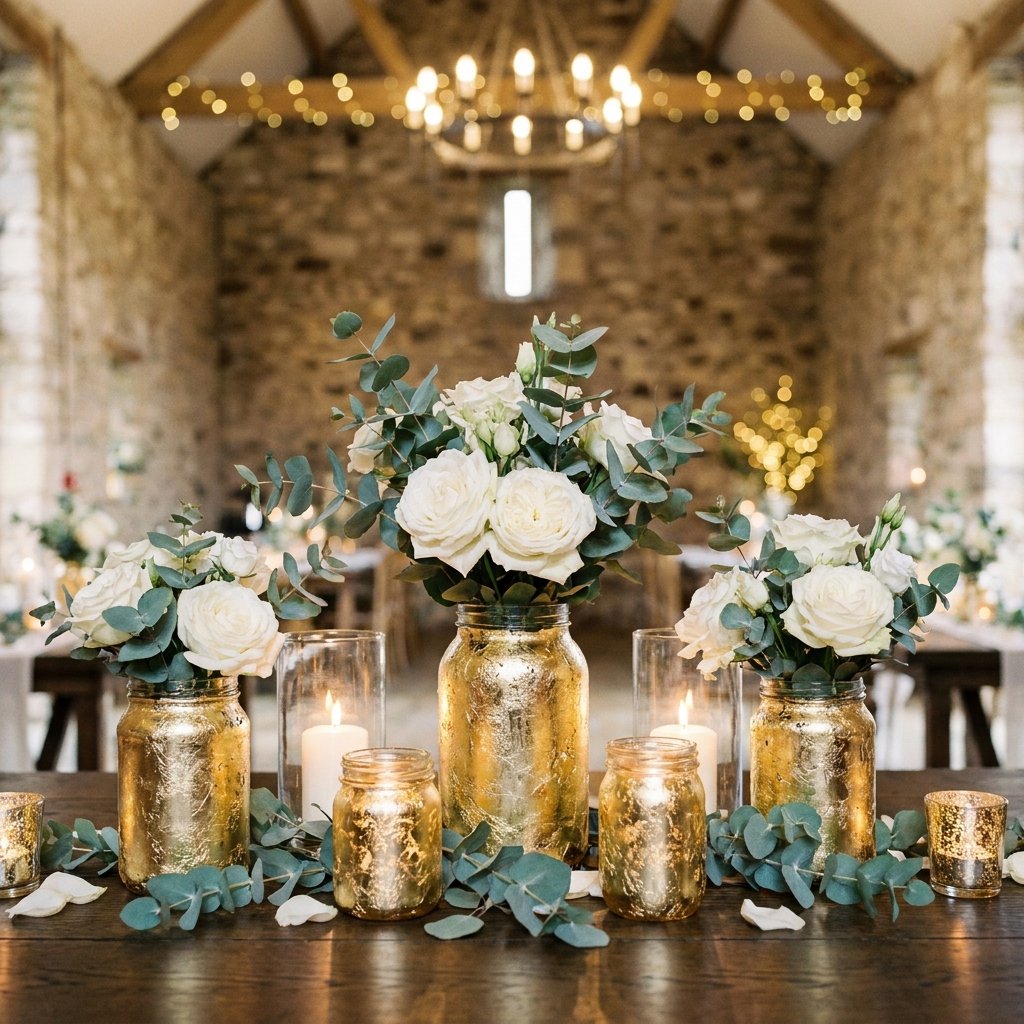 The Secret to Making Recycled Glass Jars Look Like Luxury Gold Leaf Wedding Centerpieces