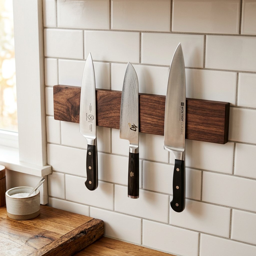 This DIY Magnetic Wooden Knife Strip is the Ultimate Sleek Kitchen Gift for Him