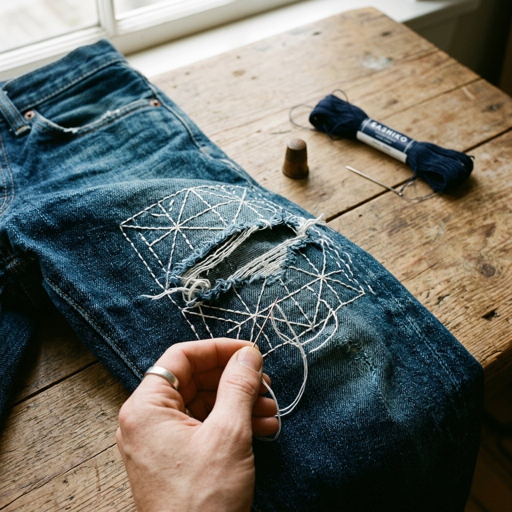 Turn Ugly Rips Into Art: How to Mend Jean Knees with Sashiko Embroidery!