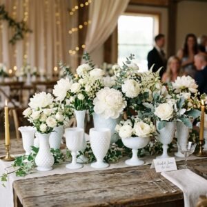 Vintage Vibes on a Budget! DIY Thrifted Glassware Painted Like Milk Glass Wedding Centerpieces